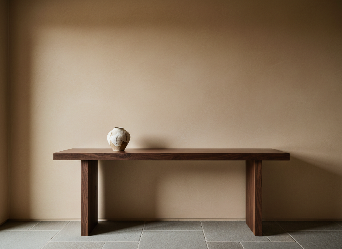 A minimalist luxury live-edge wood console table styled against a warm neutral wall in a refined Colorado mountain home.